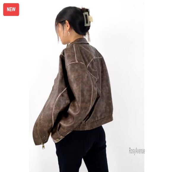 Distressed Faux Leather Bomber Jacket Oversized Motorcycle Style - Picture 2 of 6